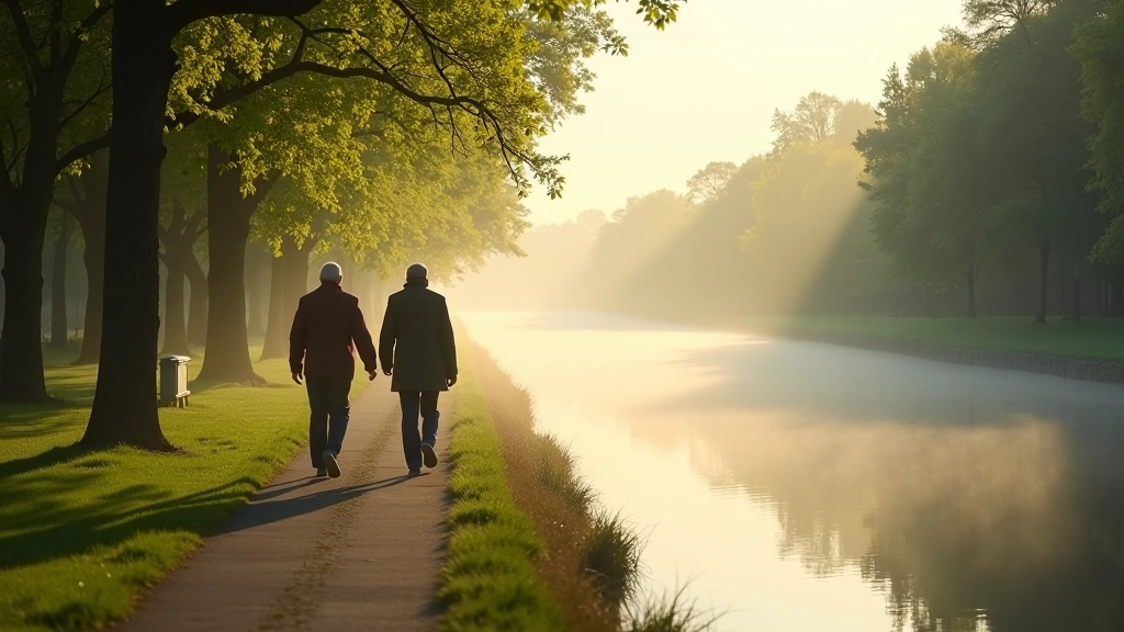 Turyści spacerujący wzdłuż kanału, przyjazny krajobraz towpath, jasny poranek z mgłą nad wodą