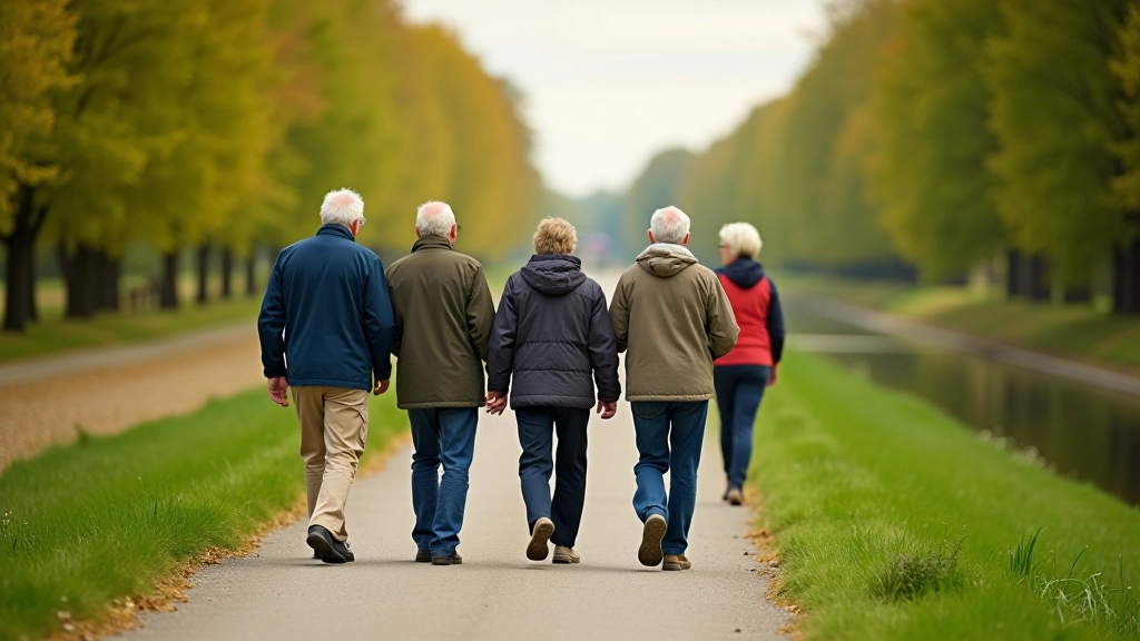 Grupa seniorów spacerująca po towpath wzdłuż kanału