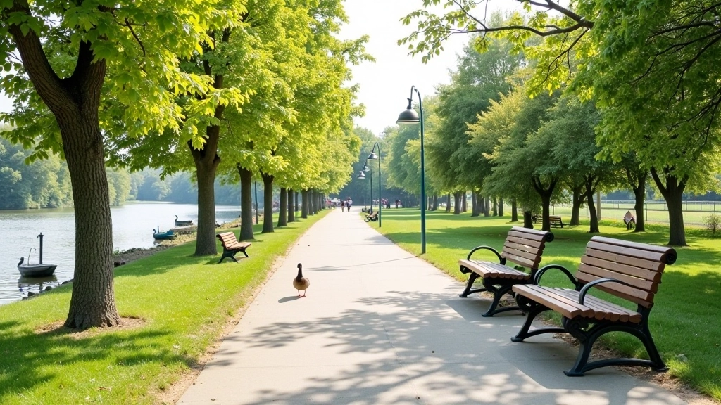 Pętla nad Pilicą w Tomaszowie, park miejski, ławki, ptaki wodne
