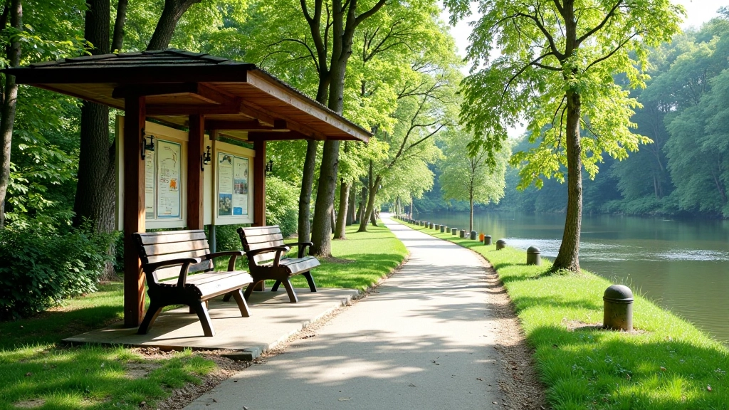 Strefa odpoczynku nad wodą z wygodnymi ławkami i widokami